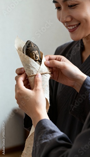 Woman carefully wraps small Buddha statue in textured paper and twine