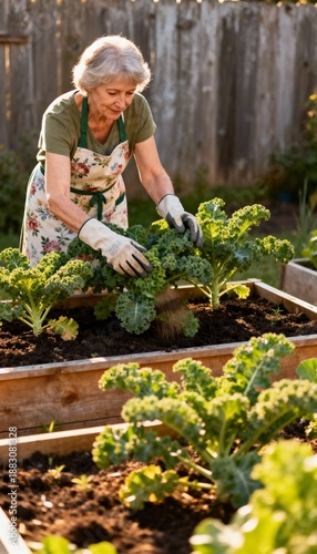 Elderly woman tending to vibrant green kale in a sunlit raised garden bed