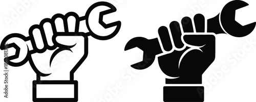 Hand holding adjustable wrench icon set