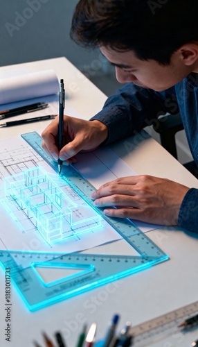 Young person meticulously drafts a futuristic building model on a blueprint