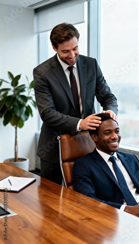 Two smiling men in suits in an office, one touching the other's head