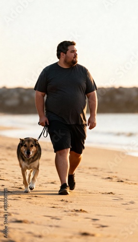Man and dog walking on a sandy beach during a warm sunset