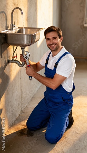 Smiling tradesperson in blue overalls repairs sink pipes with a wrench