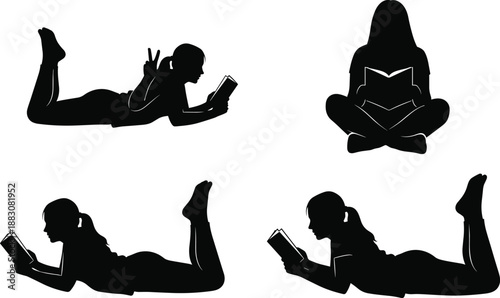 Collection of Black Silhouettes Featuring Women and Students Reading Books in Various Relaxed Poses Including Sitting and Lying Down for Education Literacy and Lifestyle Concepts