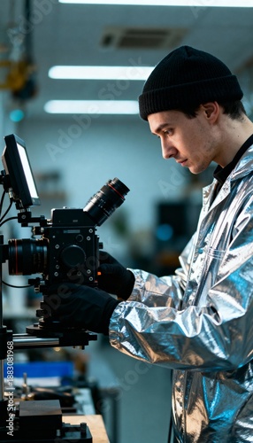 Young man in shiny jacket operates professional camera rig