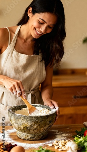Cheerful woman in apron preparing food in a rustic kitchen