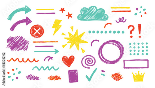 Colorful doodle sketch element set isolated on transparent background. Child drawings. Pencil crayon chalk texture on transparent background