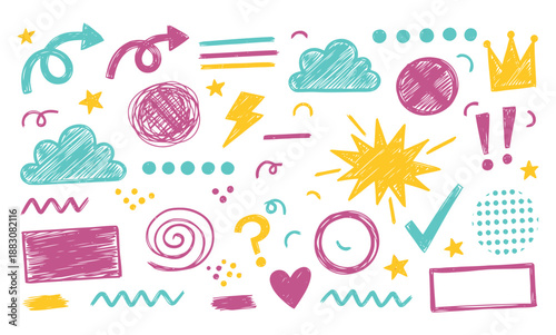 Colorful doodle sketch element set isolated on transparent background. Child drawings. Pencil crayon chalk texture on transparent background