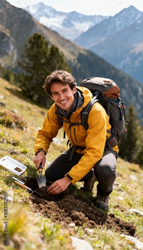 Smiling man in yellow jacket digs soil in mountain terrain