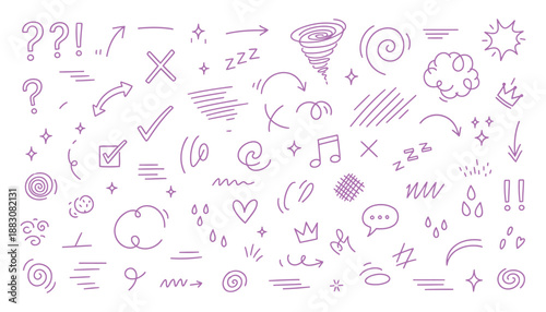 Hand drawn cute doodle line icon set. Line movement effect element, cartoon emotion effect decoration icon on transparent background