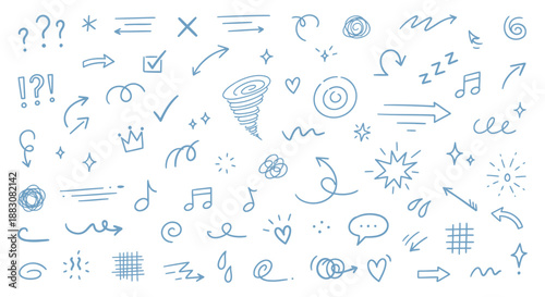 Hand drawn cute doodle line icon set. Line movement effect element, cartoon emotion effect decoration icon on transparent background