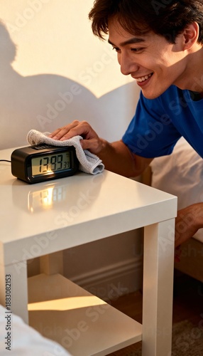 Young man cleaning bedside table with digital clock