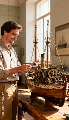 Man assembling intricate model ship with gears, tools, and historical artifacts