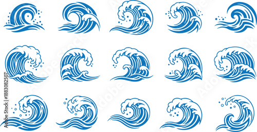 Water splash silhouettes set vector illustration. Blue stamps of ocean or sea wave with splatters and water spray, falling droplets of fountain and circle ripples, ink or paint