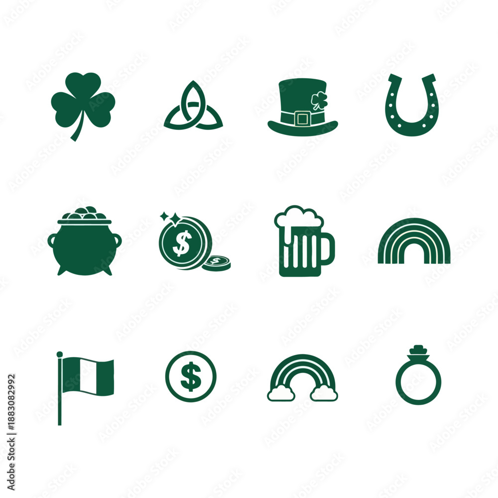 Obraz premium St Patrick’s Day Lucky Irish Icons Vector Set Shamrock Hat Horseshoe