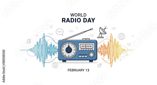 Vintage Radio Emitting Sound Waves on World Radio Day