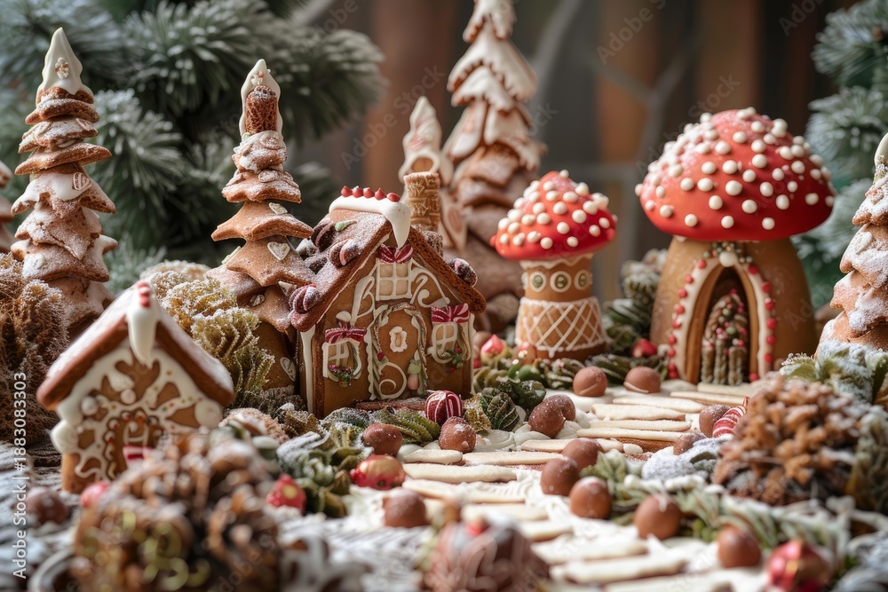 Fototapeta premium Delicious gingerbread village with houses, trees, and mushrooms creating a festive and enchanting christmas scene