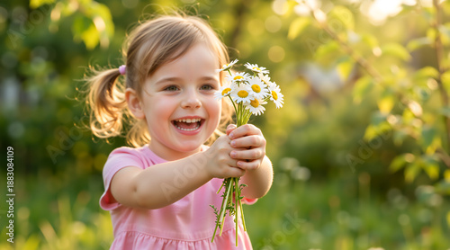 Happy little girl offering a bunch of daisy flowers in a sunny garden. Cute child smiling and holding a bouquet in nature during spring