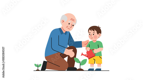 A grandfather and grandson bonding over planting young saplings, an illustration of intergenerational wisdom, shared growth, and environmental education