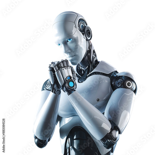 Futuristic Humanoid AI Robot with Blue Eyes Posing on White Background - 3D Rendering Concept of Artificial Intelligence and Future Technology.