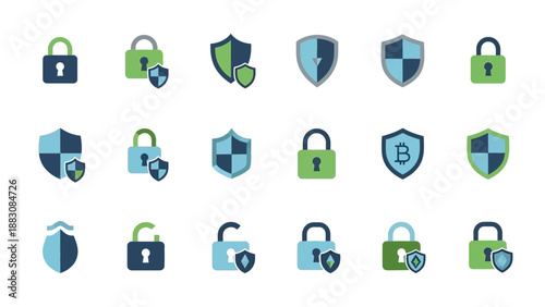 Collection of Security Icons Pads Shields Locks.