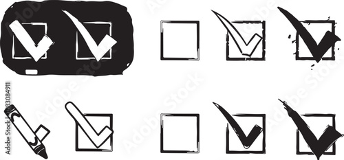 Check tick mark icon set. Cross box x check mark checkbox v list vector draw hand drawn sketch doodle brush marker checklist symbol wrong right circle.