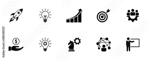 Collection of Business and Startup Icons in Black and White Rocket Lightbulb Target Growth Gear Hand Money Graph Connection Presenter