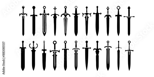 Collection of Many Different Sword Designs in Dark Color Great for Medieval Fantasy Art or Game Asset and Weaponry Such as Dagger and Blade Vector Illustration