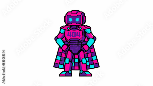 Futuristic 404 Error Robot Hero Mascot Vector. Neon Cyberpunk Character Illustration for Website Page Not Found, Glitch, or Technical Support.