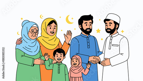 Happy Muslim family and friends celebrating Eid al-Fitr. Men shaking hands in brotherhood. Ramadan Kareem greeting concept. Flat vector illustration.