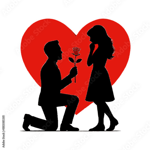 A romantic silhouette of a man proposing with a rose to a woman, symbolizing love isolated on white background