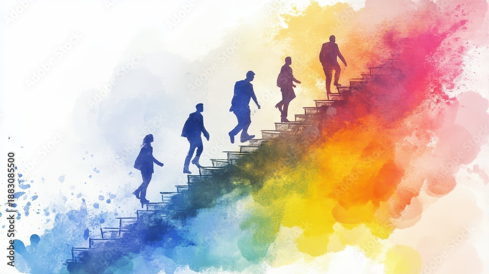 Fototapeta premium Watercolor illustration of business growth staircase with professionals climbing step by step toward bright horizon soft pastel flow symbol success progress leadership and long term vision