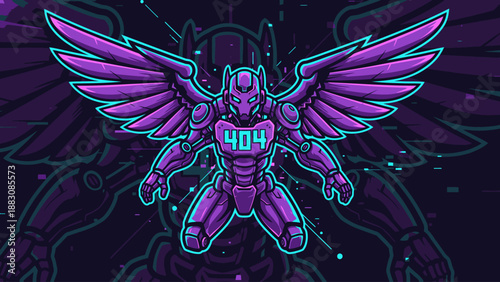Cyberpunk Winged Robot Mascot with 404 Glitch Error. Neon Purple Cyborg Warrior Logo for Gaming and E-sports.