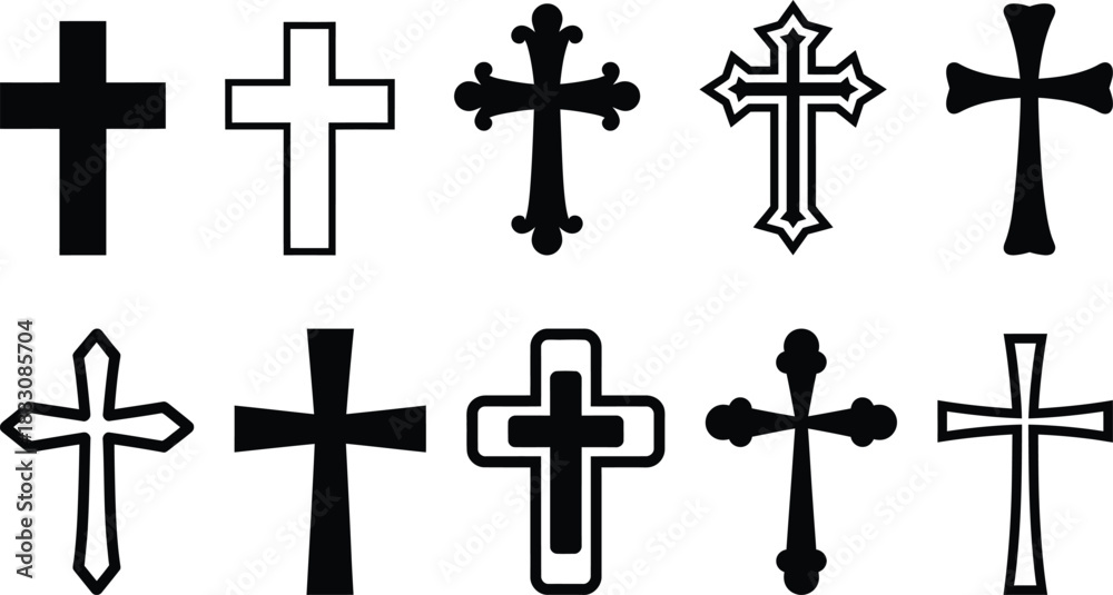 Fototapeta premium Collection of different cross symbols in black and white
