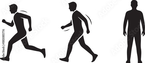 A simple black and white illustration showing a sequence of stick figure movements