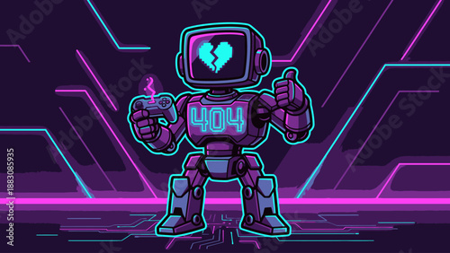 Retro Neon Robot Mascot with 404 Error Code, Broken Heart, and Gaming Controller on Futuristic Background