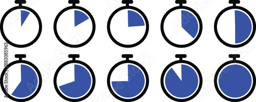 Blue stopwatch progress icons set displaying time phases and countdown steps. Clean flat timer symbols represent productivity, scheduling, and task completion. Perfect for apps, dashboards .