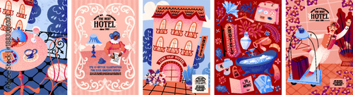 Boutique hotel and service facilities. Cozy vector illustration of concierge, luggage, reception desk, room service, interior decor , building facade, bath, and hospitality objects for travel, tourism