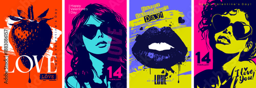 Dynamic bold posters in the style of grunge silhouettes on the theme of love and February 14th