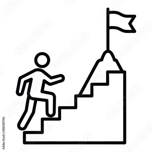 Person climbing stairs to reach flag isolated on white background, Vector