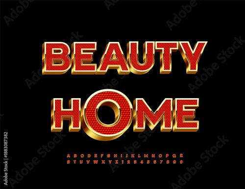 Vector Chic signboard Beauty Home. Luxury Red and Golden Font. Lavish 3D Alphabet Letters and Numbers set.
