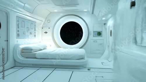 Futuristic spaceship interior with a bed and large circular window.