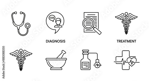 Medical Icons Set: Stethoscope, Diagnosis, Treatment, Pharmacy, Health