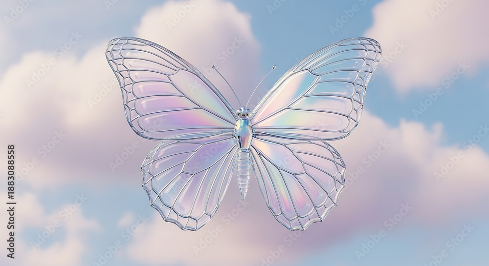 Fototapeta premium Ethereal Iridescent Butterfly Floating Gracefully Amidst Soft, Dreamy Clouds in a Pastel Sky