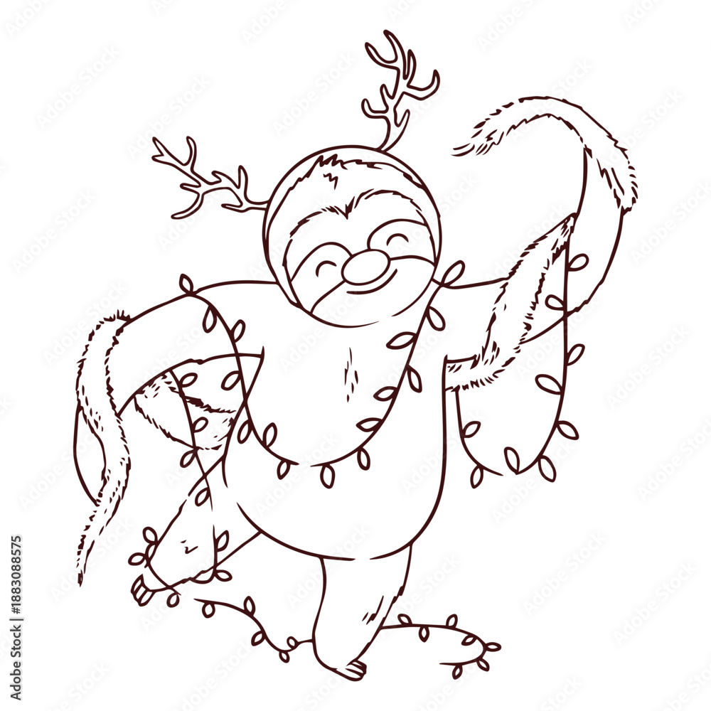 Fototapeta premium Sloth with christmas decorations stroke
