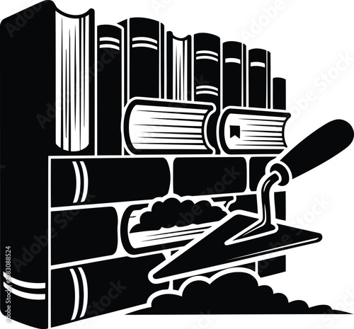 Books on brick wall isolated on white background, Vector