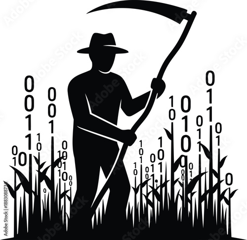 Silhouetted harvester in binary field isolated on white background, Vector