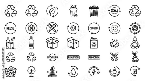 Collection of Simple Black Icons Representing Recycling.