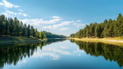Acrylglasbilder Blau Beautiful peaceful lake reflecting blue sky and green forest, calm nature landscape for travel and ecology concept  © backup_studio