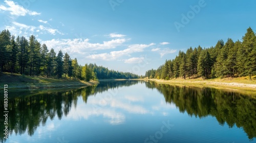 Beautiful peaceful lake reflecting blue sky and green forest, calm nature landscape for travel and ecology concept